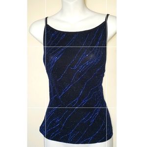 Metallic blue lines and black blouse